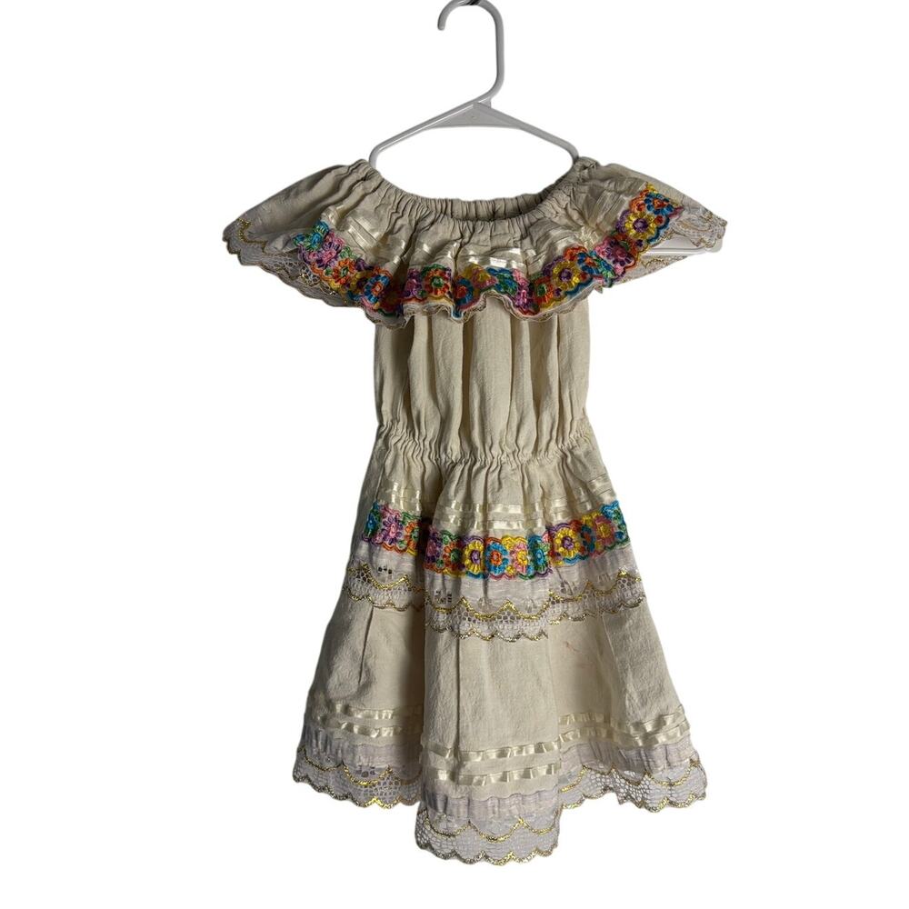 Mexican Embroidered Off Shoulder Dress Girls Youth White Folkloric ,4-5